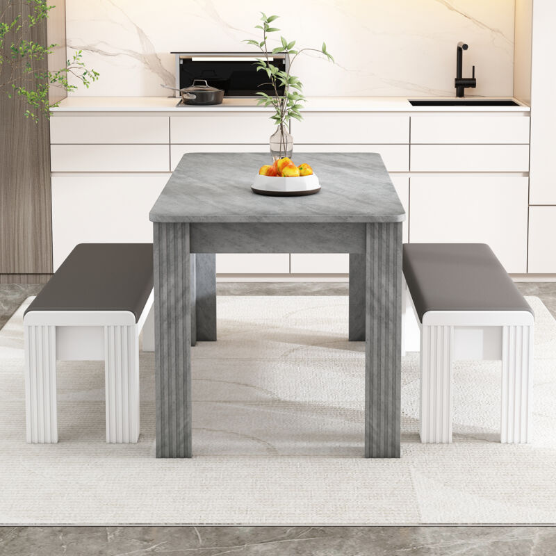 Wishdor - Banc rembourré avec coussin de siège en simili cuir, gris et blanc, 2 pcs