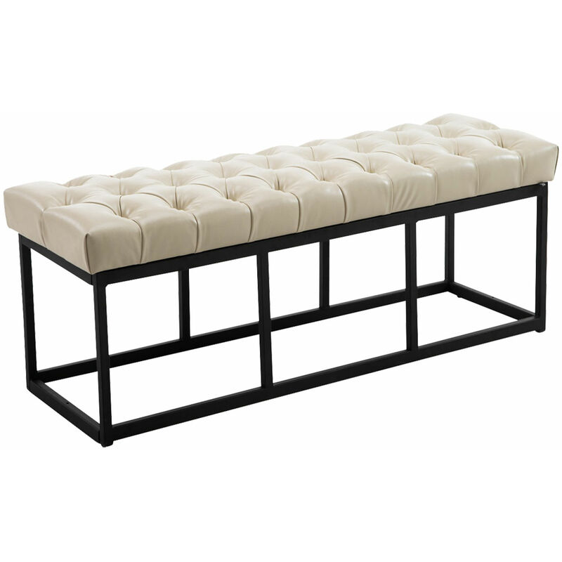 Banc de design Chesterfield en cuir Eco et banc d'entrée en métal noir Couleur : Crème