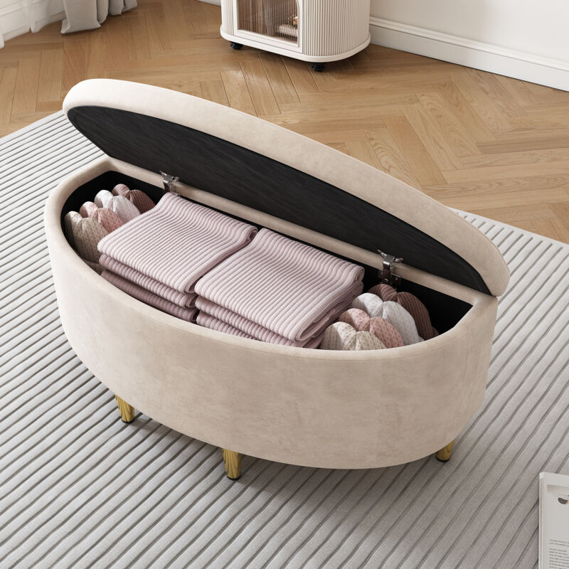 Modfu - Banc au pied du lit 90x40x42cm, banc coffre, banquette canapé, pieds métal, velours, beige