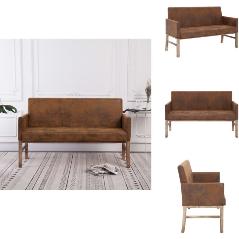 Banc avec accoudoir 140 cm Marron Similicuir daim - Banc Coffre - Banc Deux Places - Banc Cuir Faux - Banc Confortable - Meuble Salon
