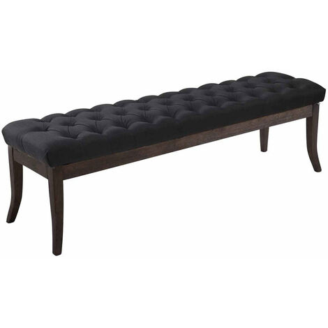 Banc avec assise en tissu noir rembourrée capitonné 150 cm style Chesterfield pieds bois foncé - noir