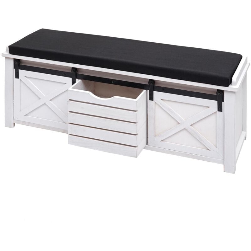 Jamais utilisé] Banc avec compartiments de rangement HHG 596, rembourré, métal, bois massif, aspect shabby 43x102x33cm, blanc