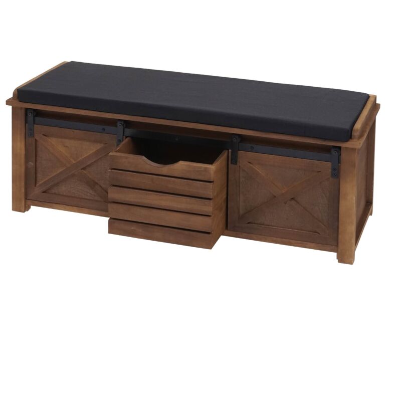 Banc avec compartiments de rangement HHG 596, rembourré, métal, bois massif, aspect shabby 43x102x33cm, marron