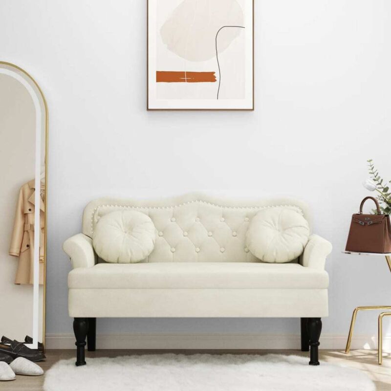 Vidaxl – Banc avec coussins crème 120,5x65x75 cm – Velours doux – Accoudoirs roulés – Pieds en bois d'hévéa massif – Capacité 110 kg