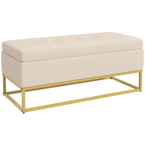 Banc avec espace de rangement, banc rembourré avec couvercle pliant aspect velours, banc de lit avec pieds en acier, beige, 110