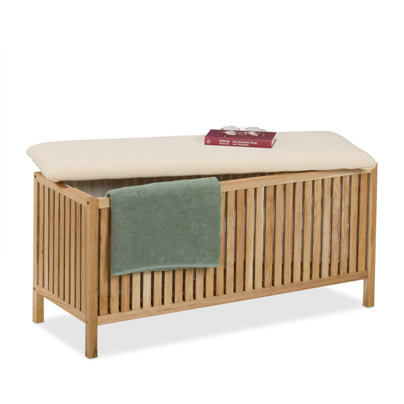 Banc avec rangement, meuble à linge, capacité : 100 l, h x l x p : env. 50 x 100 x 38 cm, nature et noir - Relaxdays