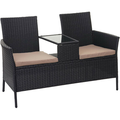 Banc avec table en polyrotin HWC-E24, banquette de jardin, meuble de jardin 132cm  noir, coussin cr
