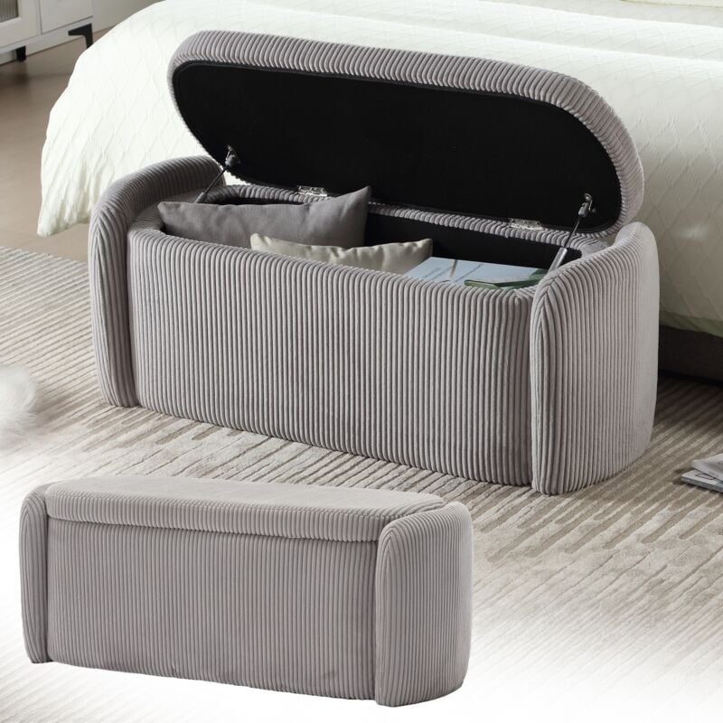 Banc banquette 112cm, rectangulaire, avec pneumatique de rangement, scandinave, tabouret rembourré, repose-pieds capitonné en velours - Gris