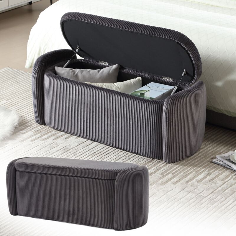 Banc banquette 112cm, rectangulaire, avec pneumatique de rangement, scandinave, tabouret rembourré, repose-pieds capitonné en velours - Gris foncé