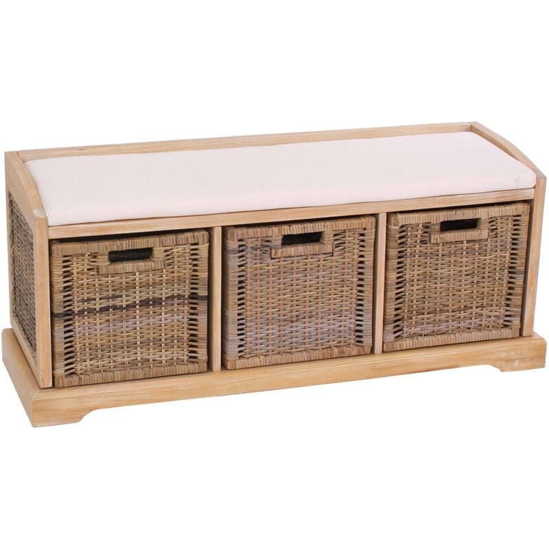 Jamais utilisé] Banc / banquette Bienne, boîte de rangement, 3 paniers, treillis en rotin kubu, 112x46x37cm, clair