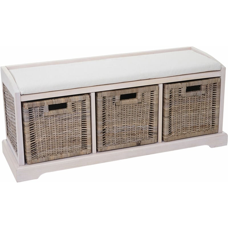 Banc / banquette Bienne, boîte de rangement, 3 paniers, treillis en rotin kubu, 112x46x37cm, blanc