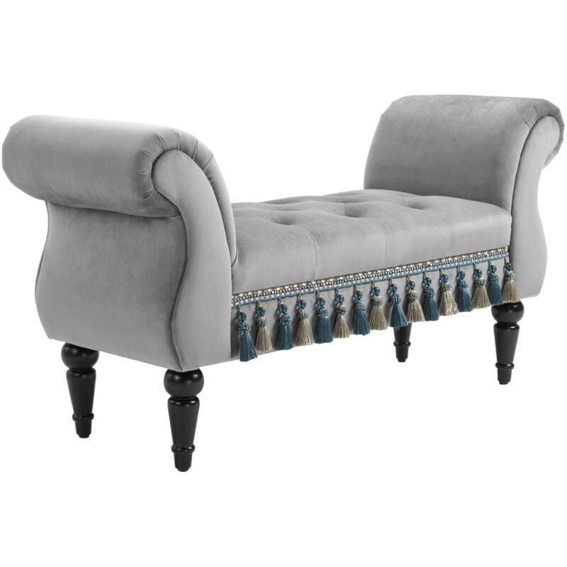 Banc banquette capitonnée design accoudoirs courbés pompons pieds bois hévéa revêtement velours gris