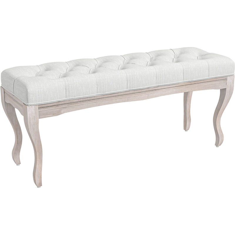Homcom - Banc banquette capitonnée style classique 110 cm bout de lit rembourré en lin piètement Bois hévéa sculpté blanc crème