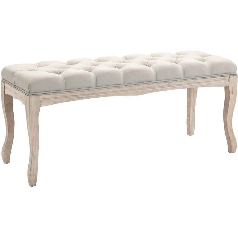 Banc banquette capitonnée style classique chic dim. 110L x 40l x 48H cm piètement bois hévéa sculpté lin beige