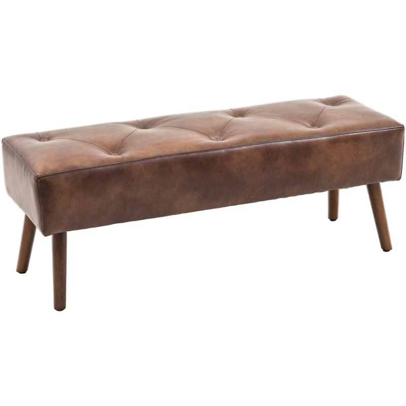 Banc banquette capitonnée style classique chic bois hévéa revêtement synthétique marron effet vieilli
