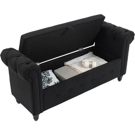 Banc banquette coffre 2 en 1 en tissu aspect lin avec pieds en bois 146,5 x 49 x 72 cm noir