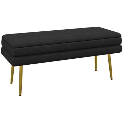 Banc banquette coffre de rangement 2 en 1 assise aspect velours et pieds acier - 100 x 37,5 x 42 cm noir et doré