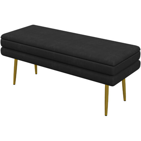 Banc banquette coffre de rangement 2 en 1 assise aspect velours et pieds acier - 100 x 37,5 x 42 cm noir et doré