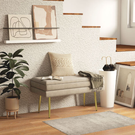Banc banquette coffre de rangement 2 en 1 assise aspect velours et pieds acier - 79.5L x 37.5P x 43H cm beige et doré