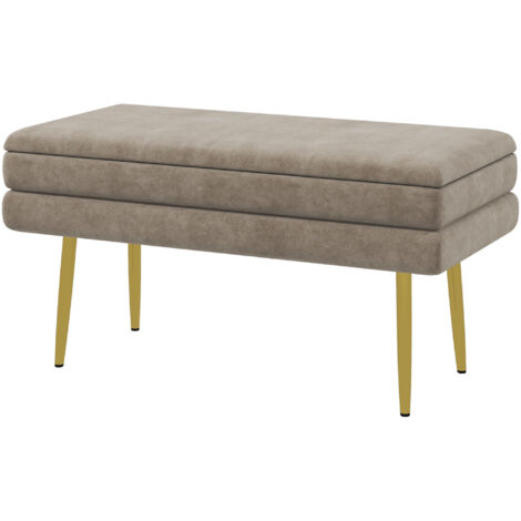 Banc banquette coffre de rangement 2 en 1 assise aspect velours et pieds acier - 79,5L x 37,5P x 43H cm beige et doré