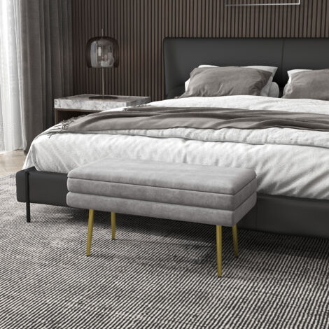 Banc banquette coffre de rangement 2 en 1 assise aspect velours et pieds acier - 79,5L x 37,5P x 43H cm gris et doré