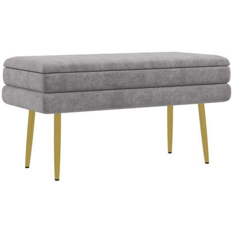 Banc banquette coffre de rangement 2 en 1 assise aspect velours et pieds acier - 79,5L x 37,5P x 43H cm gris et doré