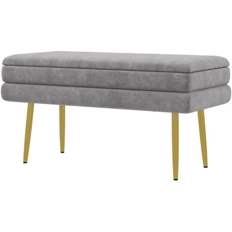 Banc banquette coffre de rangement 2 en 1 assise aspect velours et pieds acier - 79,5L x 37,5P x 43H cm gris et doré