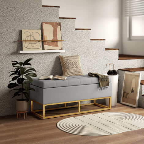 Banc banquette coffre de rangement 2 en 1 assise capitonnée et pieds acier 110 x 44 x 48 cm gris et doré