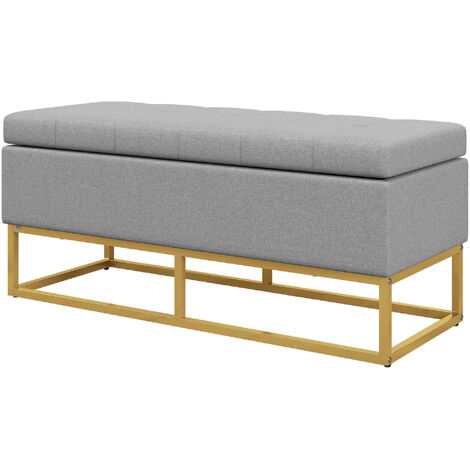 Banc banquette coffre de rangement 2 en 1 assise capitonnée et pieds acier 110 x 44 x 48 cm gris et doré