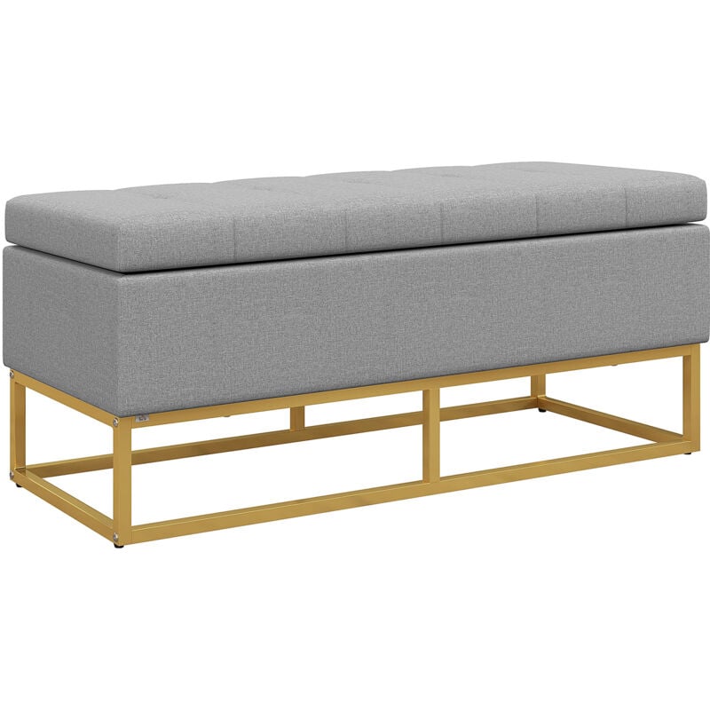 Banc banquette coffre de rangement 2 en 1 piètement acier doré assise capitonnée tissu gris