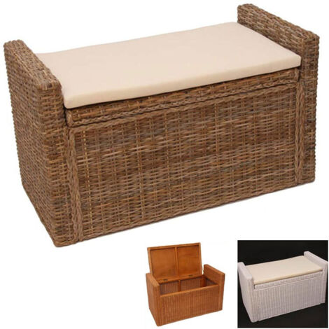 Banc banquette / coffre de rangement M92, rotin, blanc