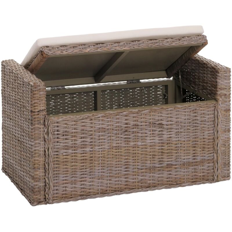 Banc M92 banc de vestiaire banc pouf, avec espace de rangement coussin Kubu rotin 88cm, gris-brun