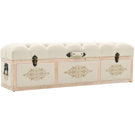 Banc banquette de rangement 110 cm crème bois de sapin massif et tissu