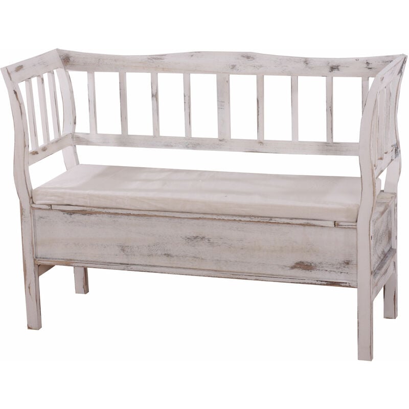 Jamais utilisé] Banc banquette de rangement T207 bahut coffre avec coussin, bois blanc shabby chic