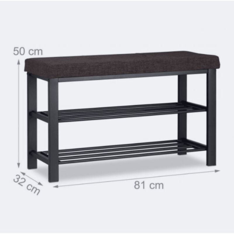 Banc banquette range chaussures coussin rembourré tissu étagère à chaussures 2 niveaux métal marron