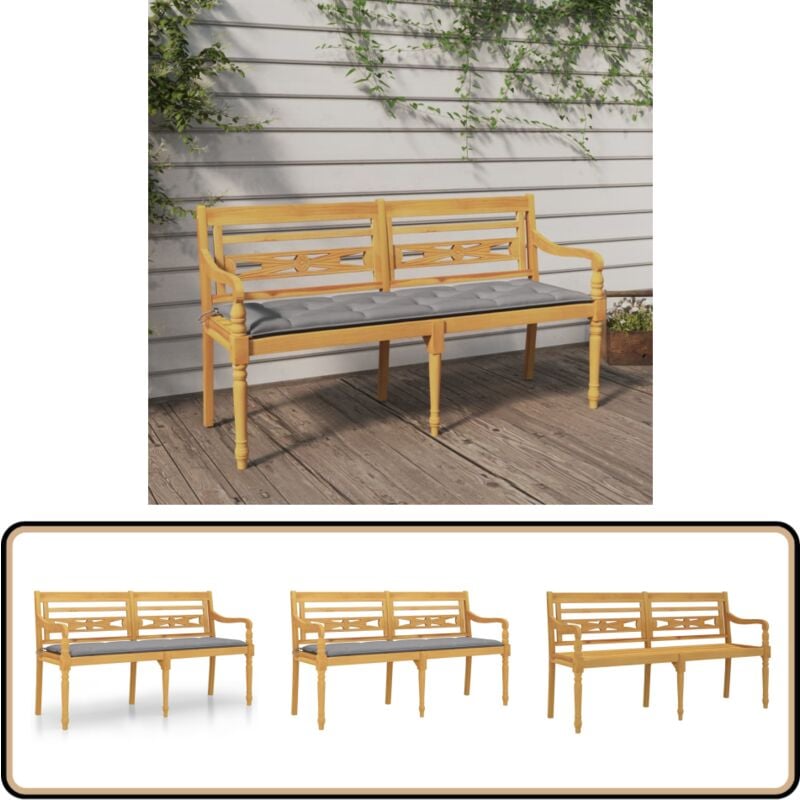 Banc Batavia avec coussin gris 150 cm Bois de teck massif - Banc De Jardin - Meuble De Jardin - Banc En Bois - Banc Teak - Mobilier De Jardin