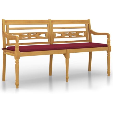 Banc Batavia avec coussin rouge bordeaux 150cm Bois teck massif