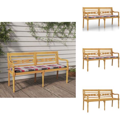 Banc Batavia coussin à motif de carreaux rouges 150cm Bois teck - Banc De Jardin - Meuble De Jardin - Jardin - Terrasse - Décoration Extérieure