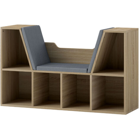 Banc Bibliothèque 6 casiers avec coussins ANNA gris et chêne clair