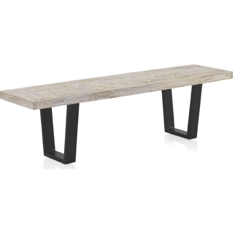Banc bois de manguier blanc patiné pieds métal noir design - blanc patiné bois naturel noir
