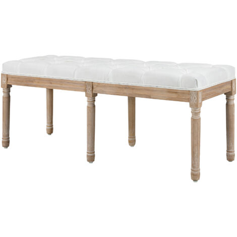Banc bout de lit banquette capitonnée style vintage français revêtement tissu aspect lin pieds en bois massif crème