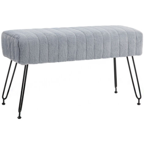 Banc capitonné aspect fourrure synthétique, 82 x 30 x 47 cm, gris, pieds en métal, banc à chaussures pour entrée, chambre, salon