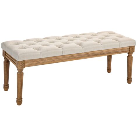 Banc capitonné aspect lin et pieds en bois, pour chambre ou salon. Dimensions : 120 x 41 x 48 cm. Coloris crème