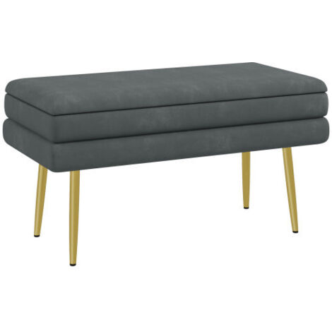 Banc capitonné gris aspect velours avec pieds en acier, fonction banc de lit et banc à chaussures, pratique et stable pour salon et chambre