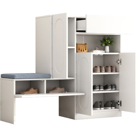 Banc Chaussures 2-en-1 Blanc, Portes Cintrées Soft-close, Étagères Réglables 130×35×110 Cm