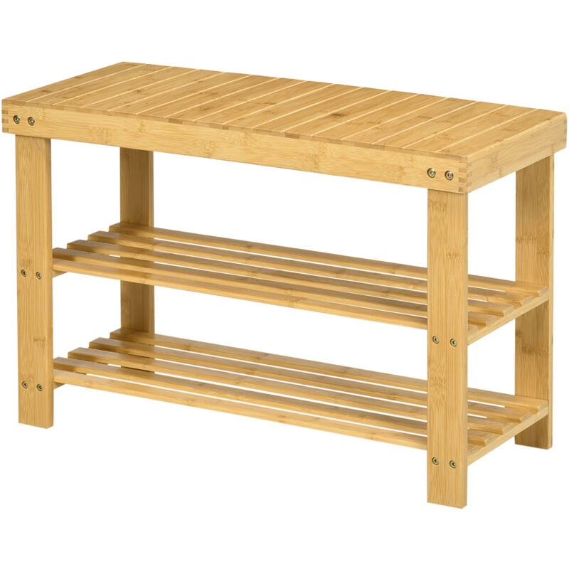 Homcom - Banc à chaussures 2 étagères dim. 70L x 28l x 45H cm bois bambou verni