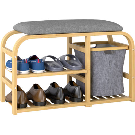 Banc chaussures coussin assise 2 étagères lattes panier tissu coulissant 70x30x45cm bois naturel