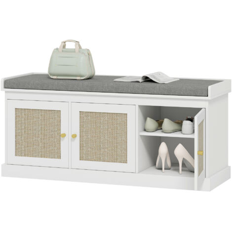 Banc chaussures entrée 9 paires, banc de rangement, 3 portes en rotin, coussin et étagère réglable, 105x35x47cm, blanc