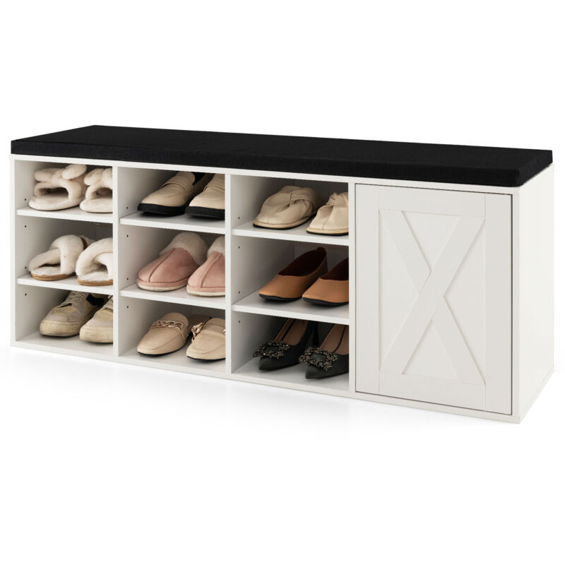 Banc Chaussures Entrée avec Coussin Amovible, 9 Compartiments, Meuble Latérale, Etagere Chaussure 3 Niveaux pour Entrée Couloir, Blanc
