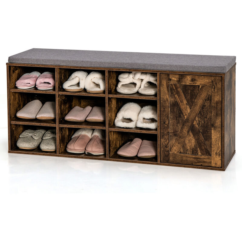 Banc Chaussures Entrée avec Coussin Amovible, 9 Compartiments, Meuble Latérale, Etagere Chaussure 3 Niveaux pour Entrée Couloir, Industriel